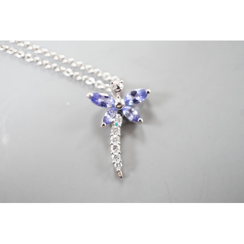 1922 - A modern Italian 18ct white gold, tanzanite? and diamond set dragonfly pendant necklace, pendant, 18... 