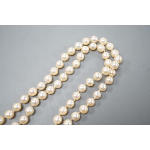 1925 - A single strand culture pearl necklace with cultured pearl set sterling clasp, 74cm.