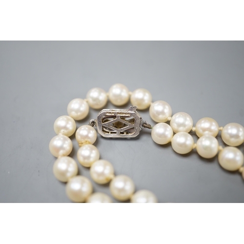 1928 - A long single strand cultured pearl necklace with cultured pearl set 9ct white gold clasp, 75cm.... 