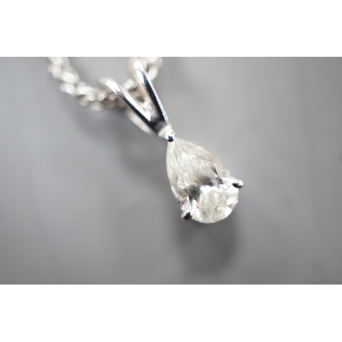 1936 - A modern white metal and pear cut diamond set pendant, 13mm, on an 18ct white gold chain, 39cm, gros... 