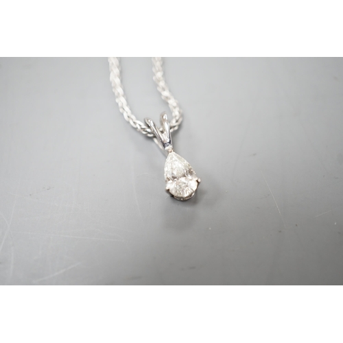 1936 - A modern white metal and pear cut diamond set pendant, 13mm, on an 18ct white gold chain, 39cm, gros... 