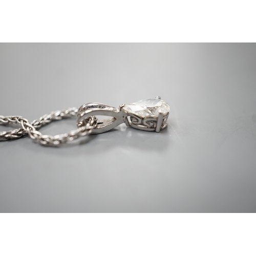 1936 - A modern white metal and pear cut diamond set pendant, 13mm, on an 18ct white gold chain, 39cm, gros... 