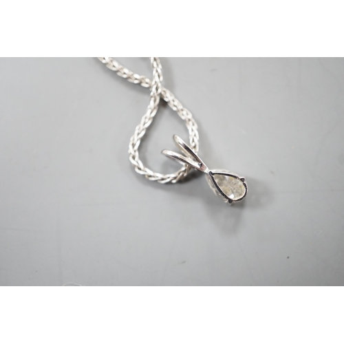 1936 - A modern white metal and pear cut diamond set pendant, 13mm, on an 18ct white gold chain, 39cm, gros... 