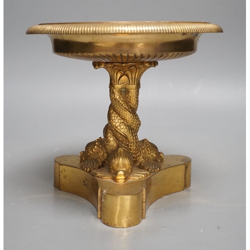 1384 - A Regency ormolu pedestal bowl,  with dolphin stem, diameter 19cm, height 18cm.