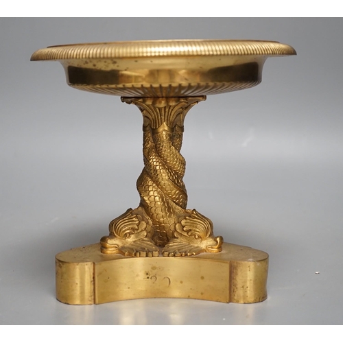 1384 - A Regency ormolu pedestal bowl,  with dolphin stem, diameter 19cm, height 18cm.