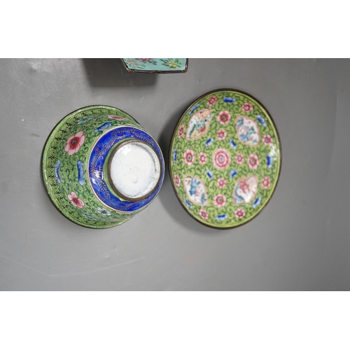 1388 - A pair of Chinese Canton enamel boat-shaped dishes, Qianlong; and a Canton enamel bowl and stand (4)... 