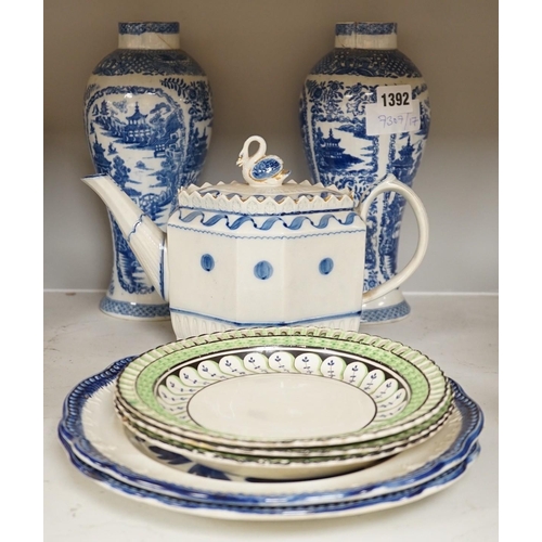 1392 - A pair of 19th century blue and white chinoiserie vases, a pearlware teapot, possibly Harley of Lane... 