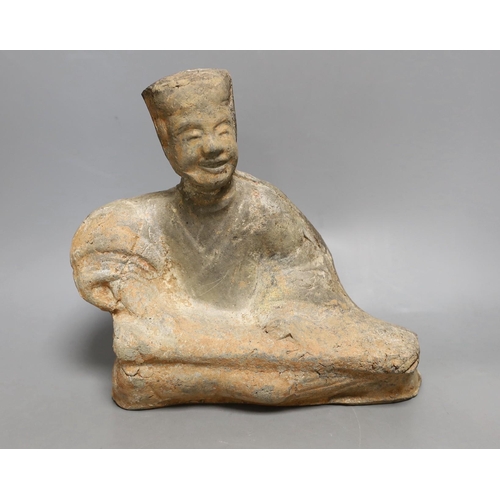 1397 - A Chinese grey pottery figure of a seated musician, Han dynasty (200BCE to 220CE) or later, 25cm hig... 