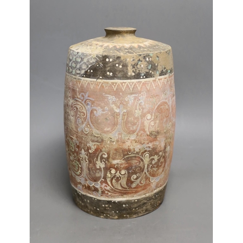 1399 - A Chinese pigment painted grey pottery jar, Han dynasty (200BCE - 220CE), 29cm high Provenance- the ... 