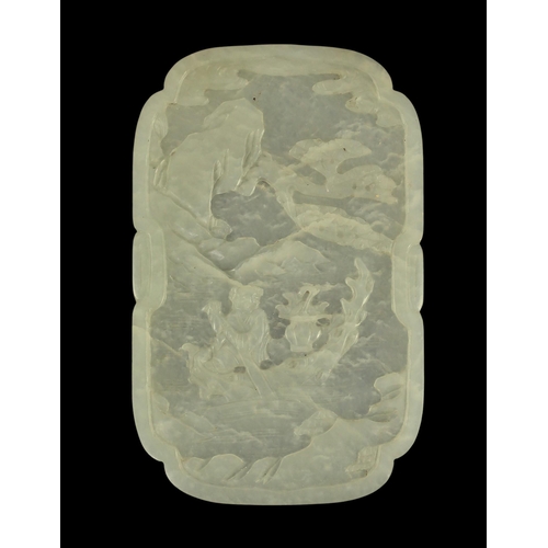 1592 - A Chinese white jade He Xiangu shaped rectangular plaque, 18th/19th century, carved in relief with... 