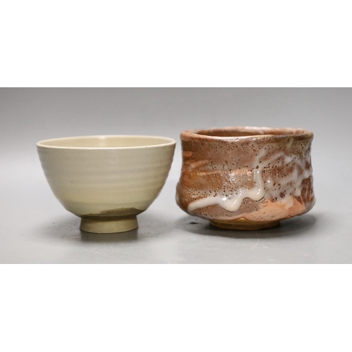 1600 - Two Japanese studio pottery chawan tea bowls, one with raku glaze, 12cm diameter