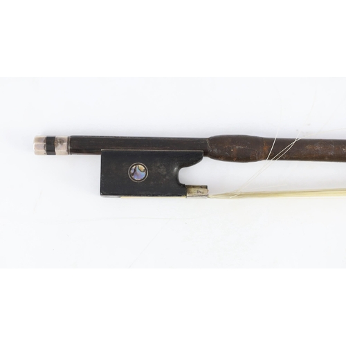 1607 - A silver mounted violin bow, stamped DODD, another stamped TOURTE and another bow Ivory submission r... 