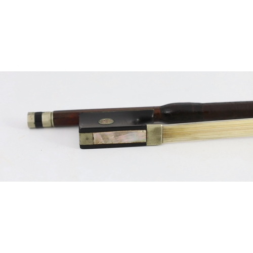 1607 - A silver mounted violin bow, stamped DODD, another stamped TOURTE and another bow Ivory submission r... 