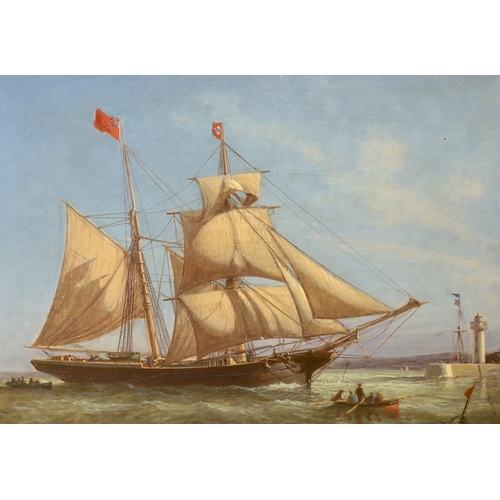 1654 - English School, oil on board, Study of a schooner entering harbour, 43 x 62cm