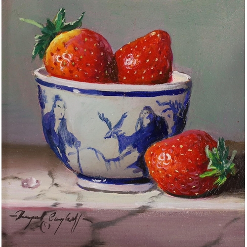 1655 - Raymond Campbell (b.1956), oil on panel, 'Strawberries with China Bowl' , signed, 10.5 x 10.5cm... 