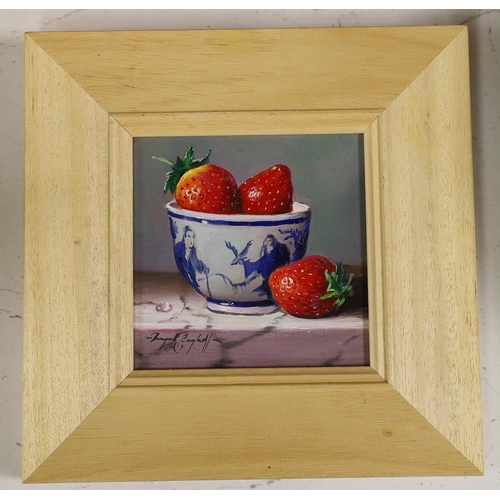 1655 - Raymond Campbell (b.1956), oil on panel, 'Strawberries with China Bowl' , signed, 10.5 x 10.5cm... 