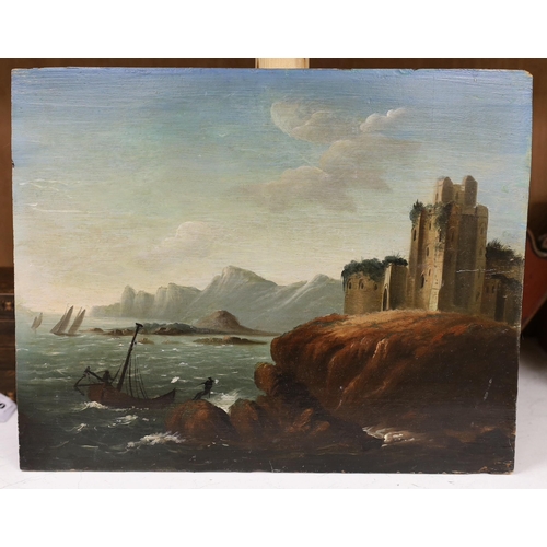 1656 - 19th century English School, oil on wooden panel, Fishing boat alongside the shore, 31 x 39cm, unfra... 