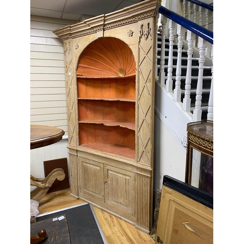 101 - An early 18th century stripped pine alcove standing corner cupboard, width 154cm, depth 48cm, height... 