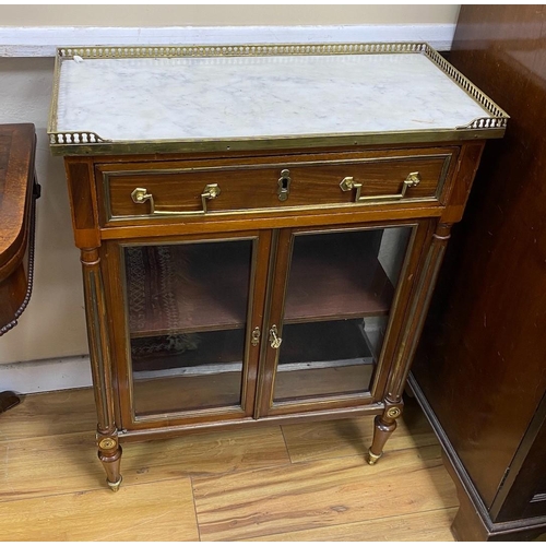 104 - A pair of French brass mounted marble topped glazed mahogany pier cabinets, width 64cm, depth 30cm, ... 