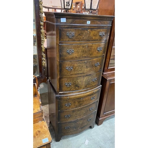 11 - A Queen Anne revival walnut bowfront chest on chest, width 62cm, depth 40cm, height 158cm