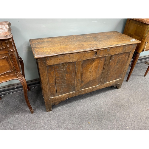 112 - An early 18th century oak triple panelled coffer, length 110cm, depth 42cm, height 68cm