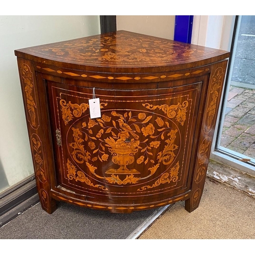 114 - An early 19th century Dutch floral marquetry walnut bow front corner cabinet, width 35cm, depth 52cm... 