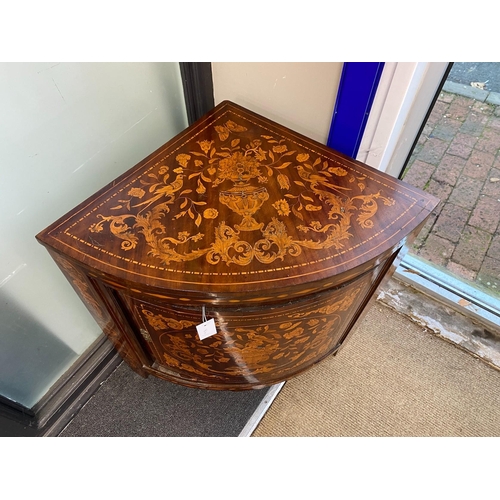 114 - An early 19th century Dutch floral marquetry walnut bow front corner cabinet, width 35cm, depth 52cm... 