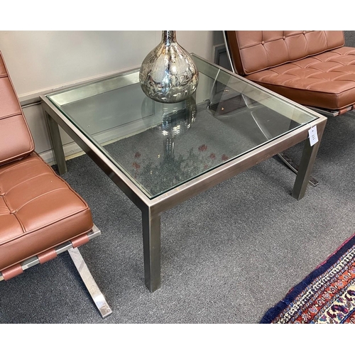 117 - A contemporary square glass top coffee table, width 76cm, height 38cm