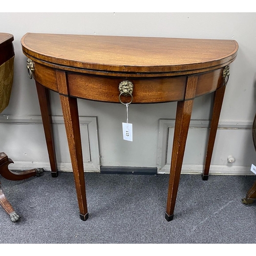 119 - A George III and later banded mahogany demi lune folding card table, width 91cm, depth 45cm, height ... 