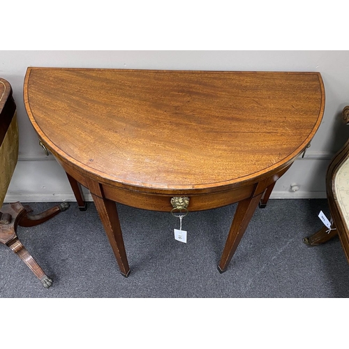 119 - A George III and later banded mahogany demi lune folding card table, width 91cm, depth 45cm, height ... 