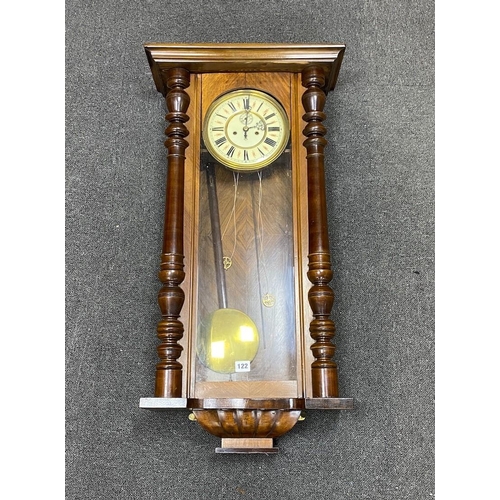 122 - An early 20th century walnut and beech Vienna regulator wall clock, height 112cm