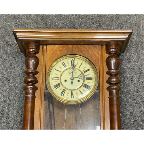 122 - An early 20th century walnut and beech Vienna regulator wall clock, height 112cm