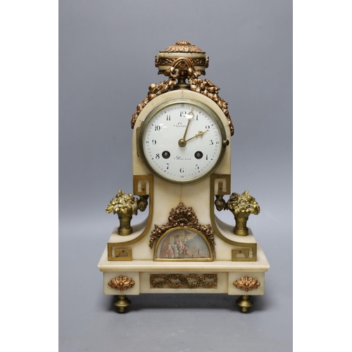 263 - A 19th century French alabaster and phosphur bronze mounted mantel clock with a painted demi lune in... 