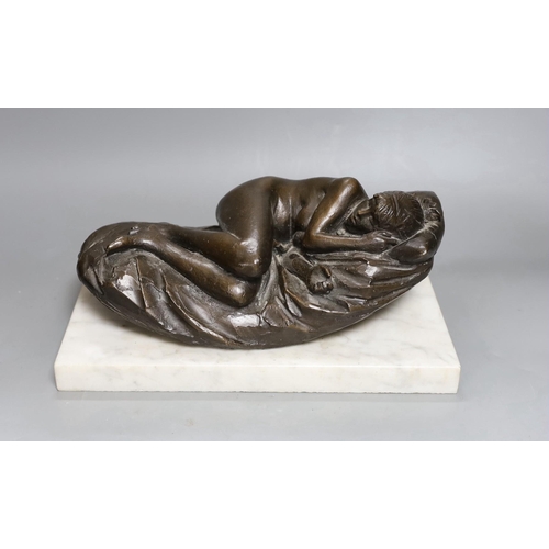 267 - James Butler R.A. (1931-2022) A bronze reclining nude, 'Butler, 77'on a white marble plinth, total l... 