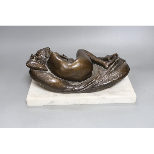 267 - James Butler R.A. (1931-2022) A bronze reclining nude, 'Butler, 77'on a white marble plinth, total l... 