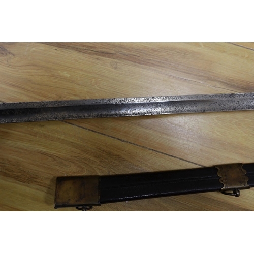 277 - An 18th century European brass hilted sword and scabbard. 89cm long