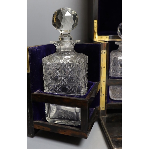 291 - A Mappin & Webb coromandel decanter box with blue velvet lining. 32cm tall, four associated cut glas... 