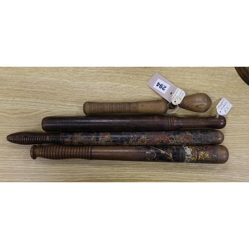 294 - Four 19th century treen truncheons, longest 46cm