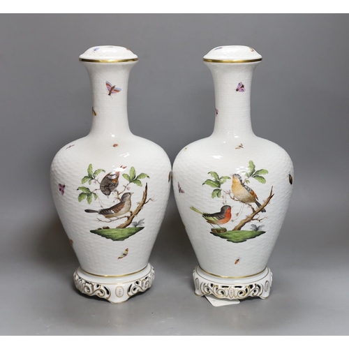 300 - A pair of Herend Rothschild Birds pattern lamps, lacking fittings and wiring, 32cm tall