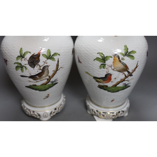 300 - A pair of Herend Rothschild Birds pattern lamps, lacking fittings and wiring, 32cm tall