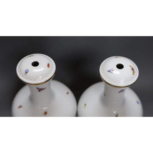 300 - A pair of Herend Rothschild Birds pattern lamps, lacking fittings and wiring, 32cm tall