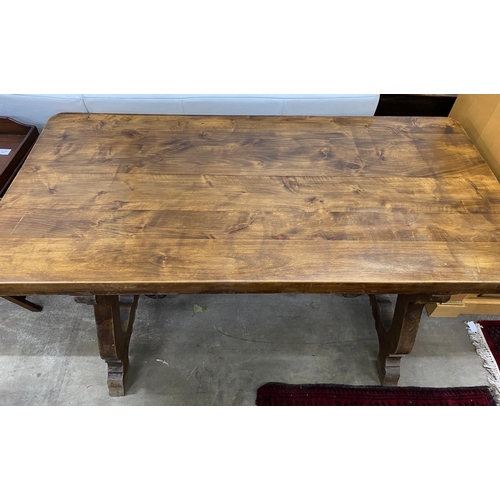 32 - An 18th century style Spanish rectangular walnut refectory table, length 160cm, depth 79cm, height 7... 