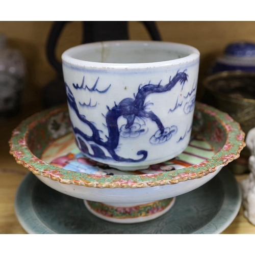 326 - A Chinese blue and white planter, 10cm tall, together with a crackle glaze planter, a Chinese copper... 