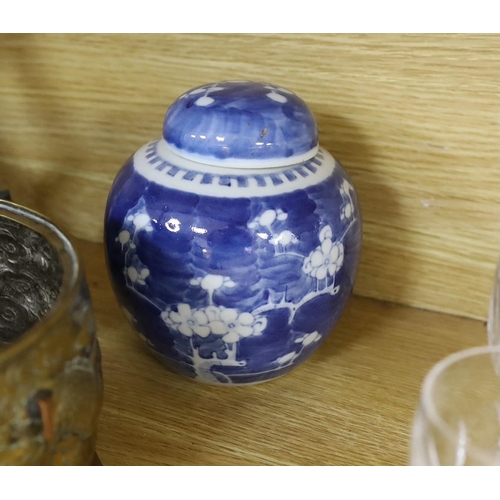 326 - A Chinese blue and white planter, 10cm tall, together with a crackle glaze planter, a Chinese copper... 