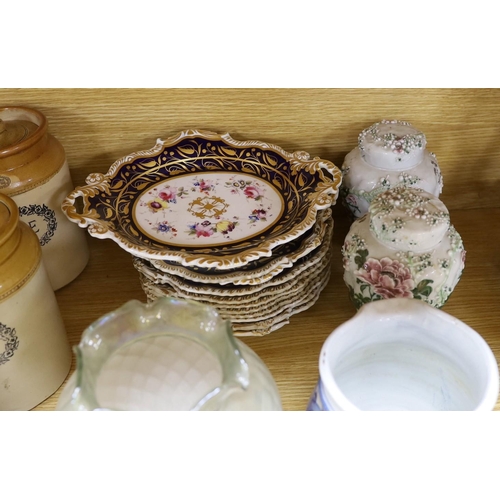 327 - An English porcelain part desert set c.1825, a set of 9 James Pearson stoneware kitchenalia jars tog... 