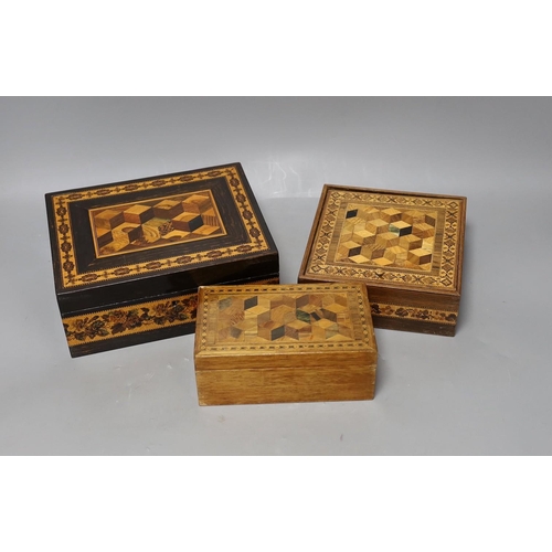 338 - Three 19th century Tunbridge ware perspective cube marquetry boxes, largest 20cm