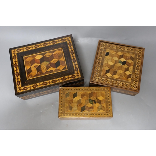 338 - Three 19th century Tunbridge ware perspective cube marquetry boxes, largest 20cm