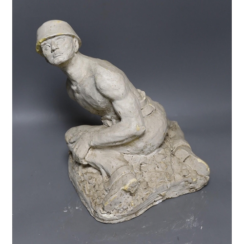 339 - A plaster cast model of a miner, Brutaluit manner, signed L.S Odoarde? 29cm