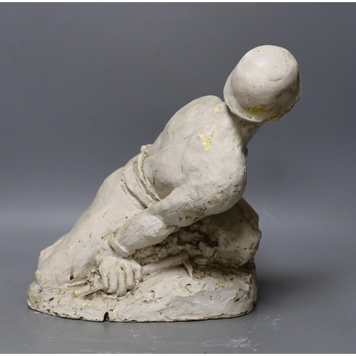 339 - A plaster cast model of a miner, Brutaluit manner, signed L.S Odoarde? 29cm