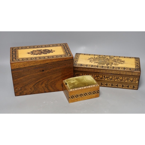 342 - A selection of three Tunbridge ware boxes, to include a rosewood tea caddy, an unusual olivewood fal... 